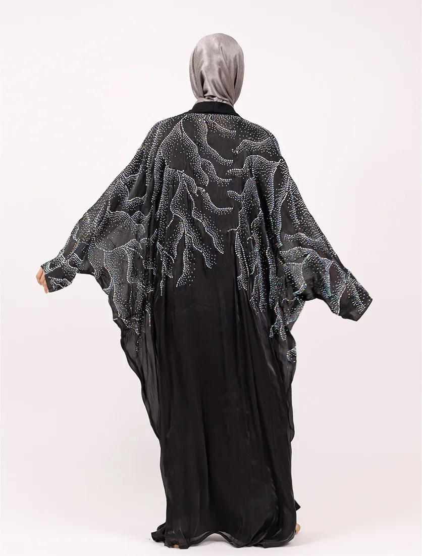 Black Crystal Embellished Sheer Overlay Abaya